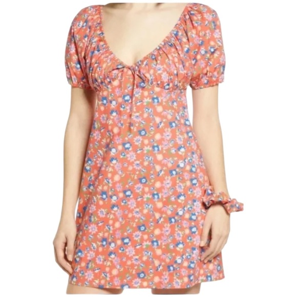 Wayf Floral Babydoll Puff Sleeve Mini Dress Medium Fairycore Orange Blue - Picture 1 of 7